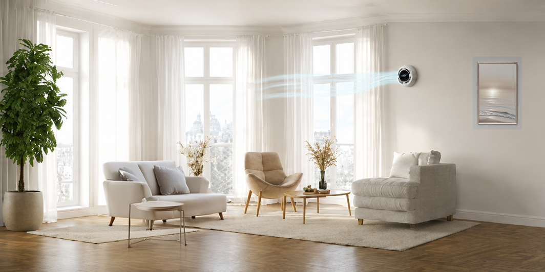Heller Wohnraum mit PRANA-Lüftungsgerät an der Wand und sichtbarem Luftstrom