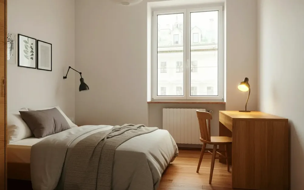 Helles Schlafzimmer mit Bett und Fenster