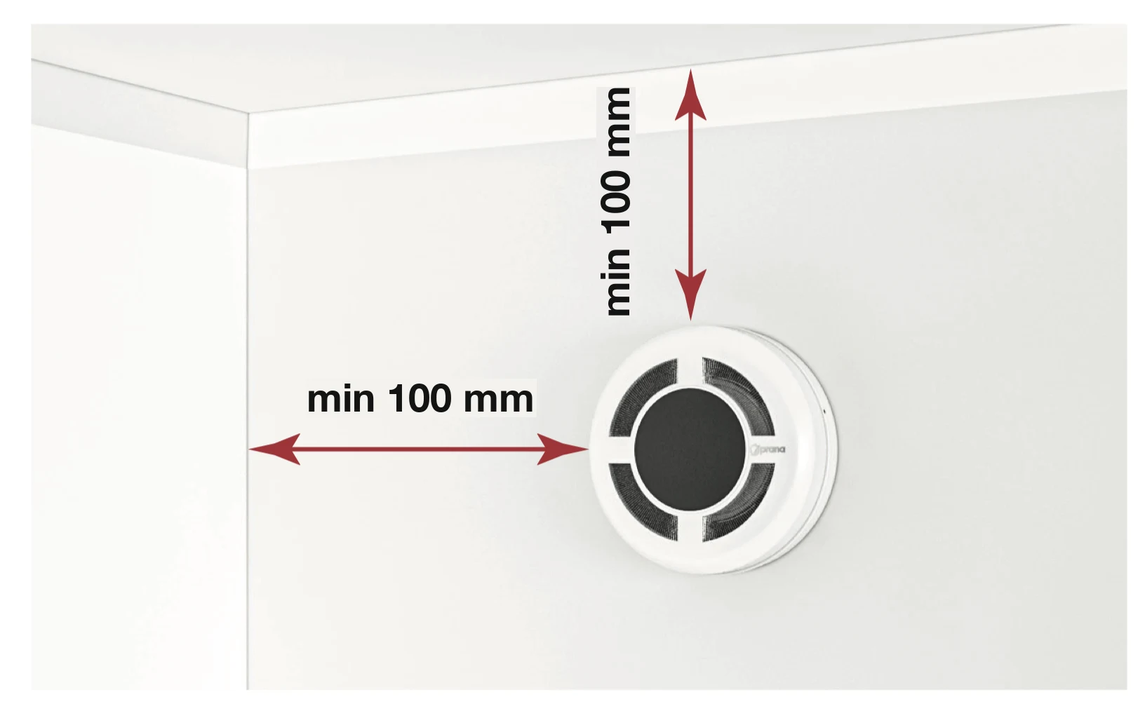 Mindestabstände: mindestens 100 mm zu Decke und angrenzender Wand