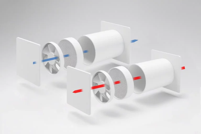 Schematische Darstellung einer Push-Pull-Lüftungsanlage mit zwei Geräten im Wechselbetrieb für Zu- und Abluft
