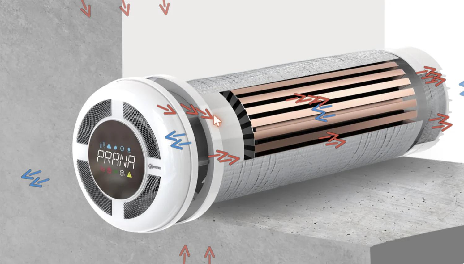 Gegenstromprinzip: PRANA-Gerät mit Kupfer-Wärmetauscher, Zu- und Abluft strömen gleichzeitig gegenläufig